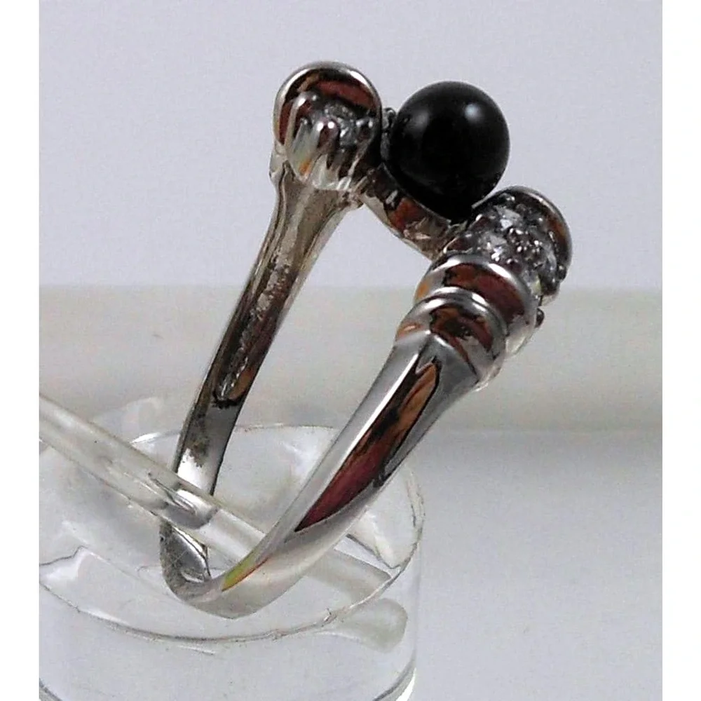 Vintage 90s Black Onyx Bead Bypass Ring 925 Sterling Silver CZ‎ Size 8 15mm Wide